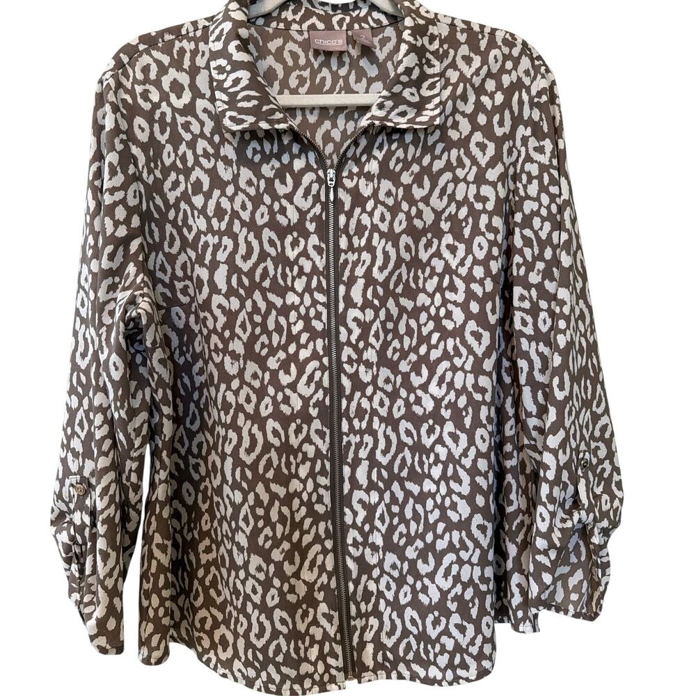 Chicos Animal Print Zip Front Top Women's Size Large 2 Lightweight Shirt Boho